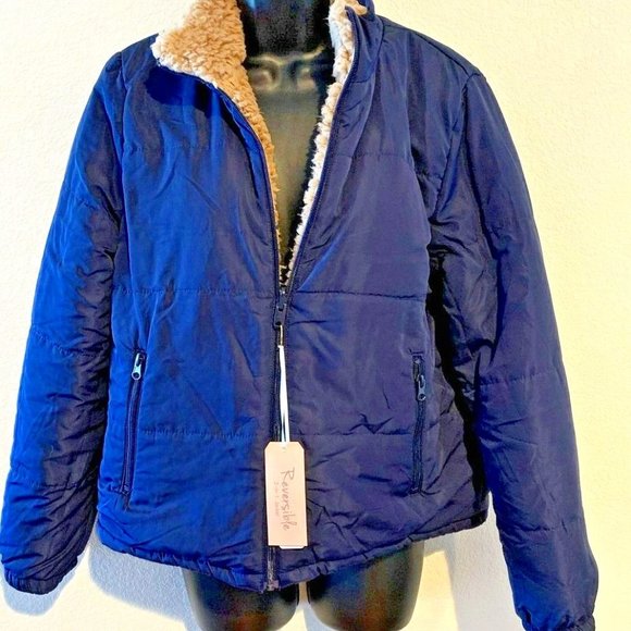 Forever 21 Teddy bear faux fur shearling reversible blue nylon jacket po… - Picture 2 of 9
